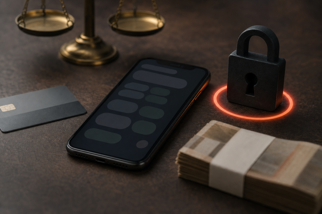 Governo federal proíbe bets no Brasil e define prazos para bloqueio e devolução de valores Celular sobre uma mesa exibindo aplicativo de apostas sem textos legíveis, ao lado de cartão bancário e símbolo abstrato de bloqueio digital, sem logos ou números visíveis